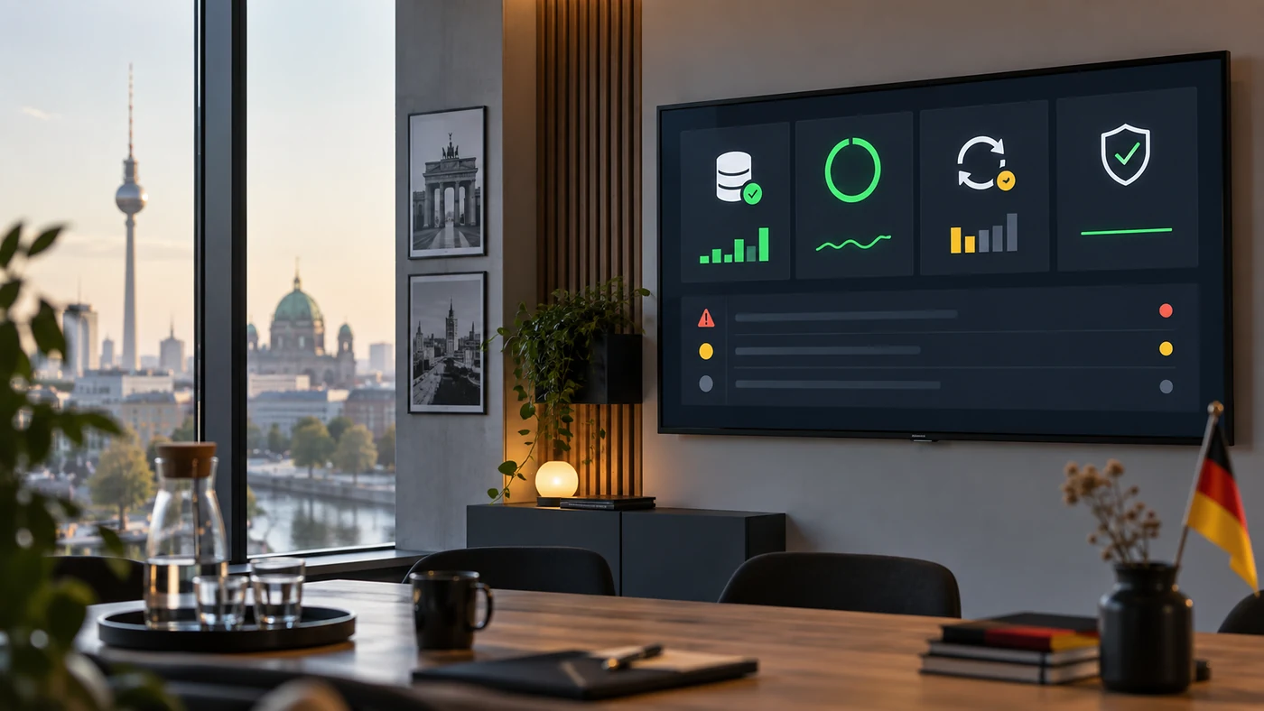 WordPress website support dashboard showing backups, uptime monitoring, pending updates and incident history in Germany