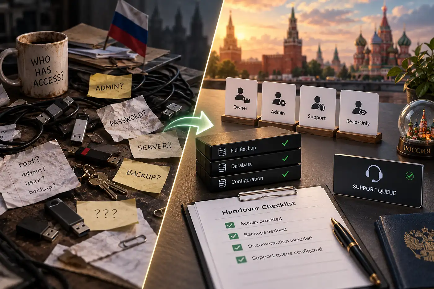 Website support handover before and after showing organized access, verified backups and a support queue in Russia