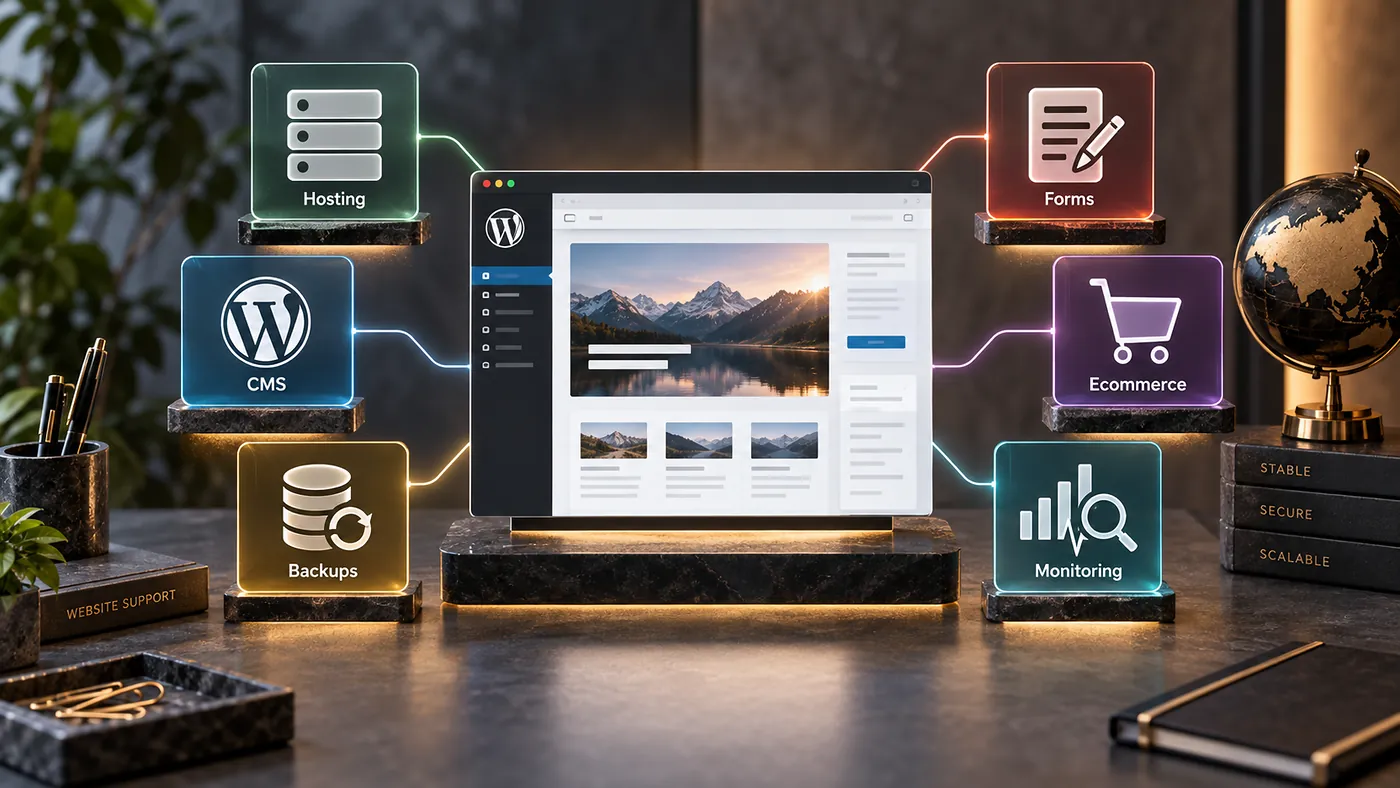 WordPress website support overview covering hosting, CMS, backups, forms, ecommerce and monitoring in Russia