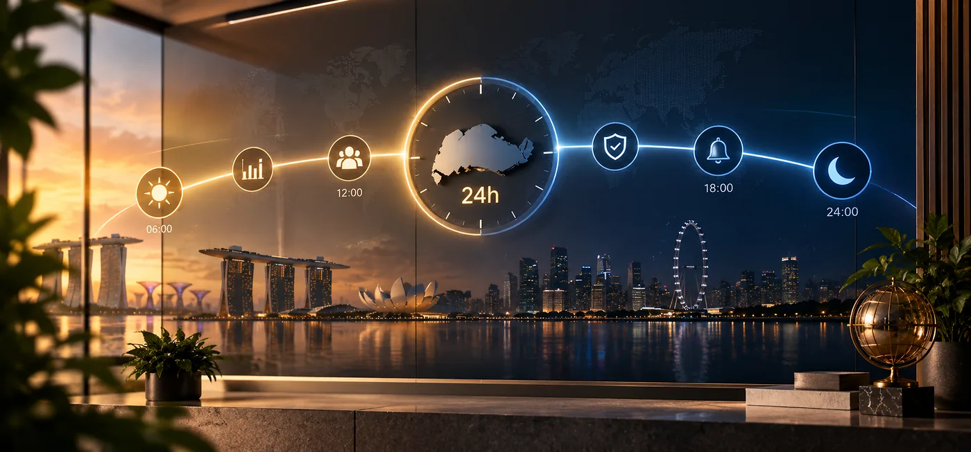 24-hour website support timeline showing Singapore Time coverage, monitoring and support overlap