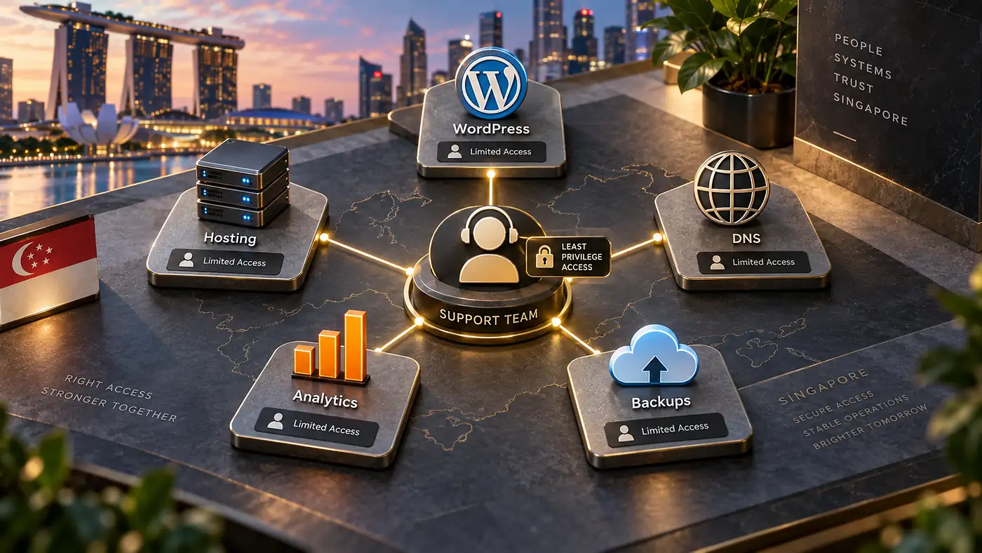 WordPress support access map for hosting, DNS, analytics and backups using least-privilege access in Singapore