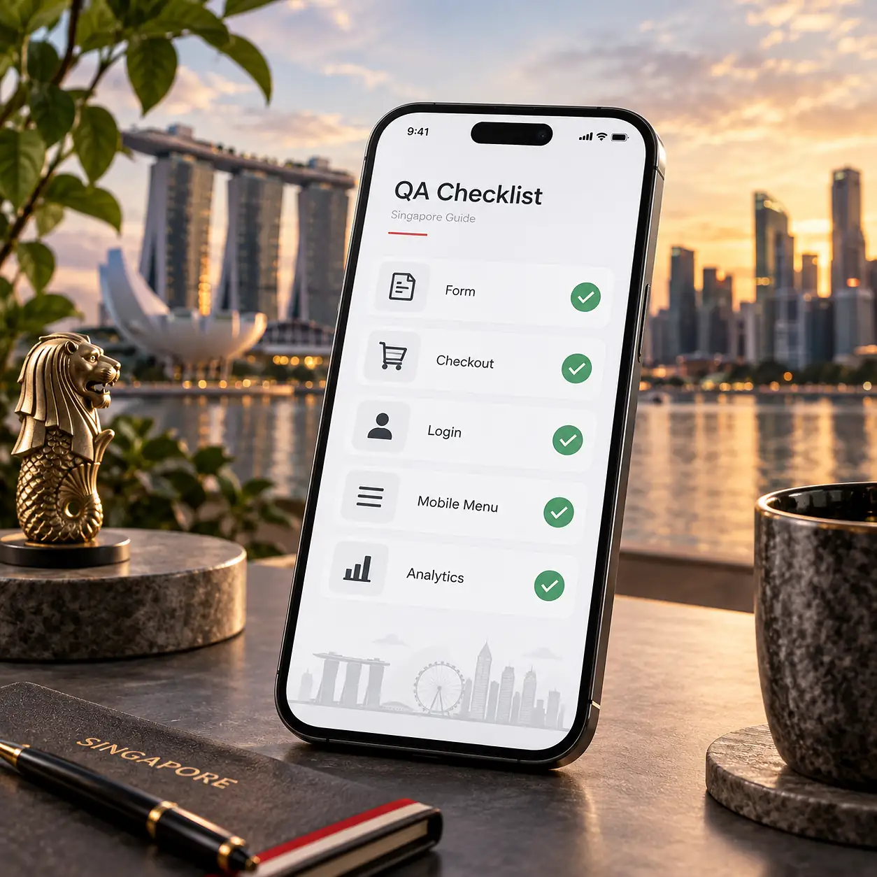 Website QA checklist showing forms, checkout, login, mobile menu and analytics checks in Singapore