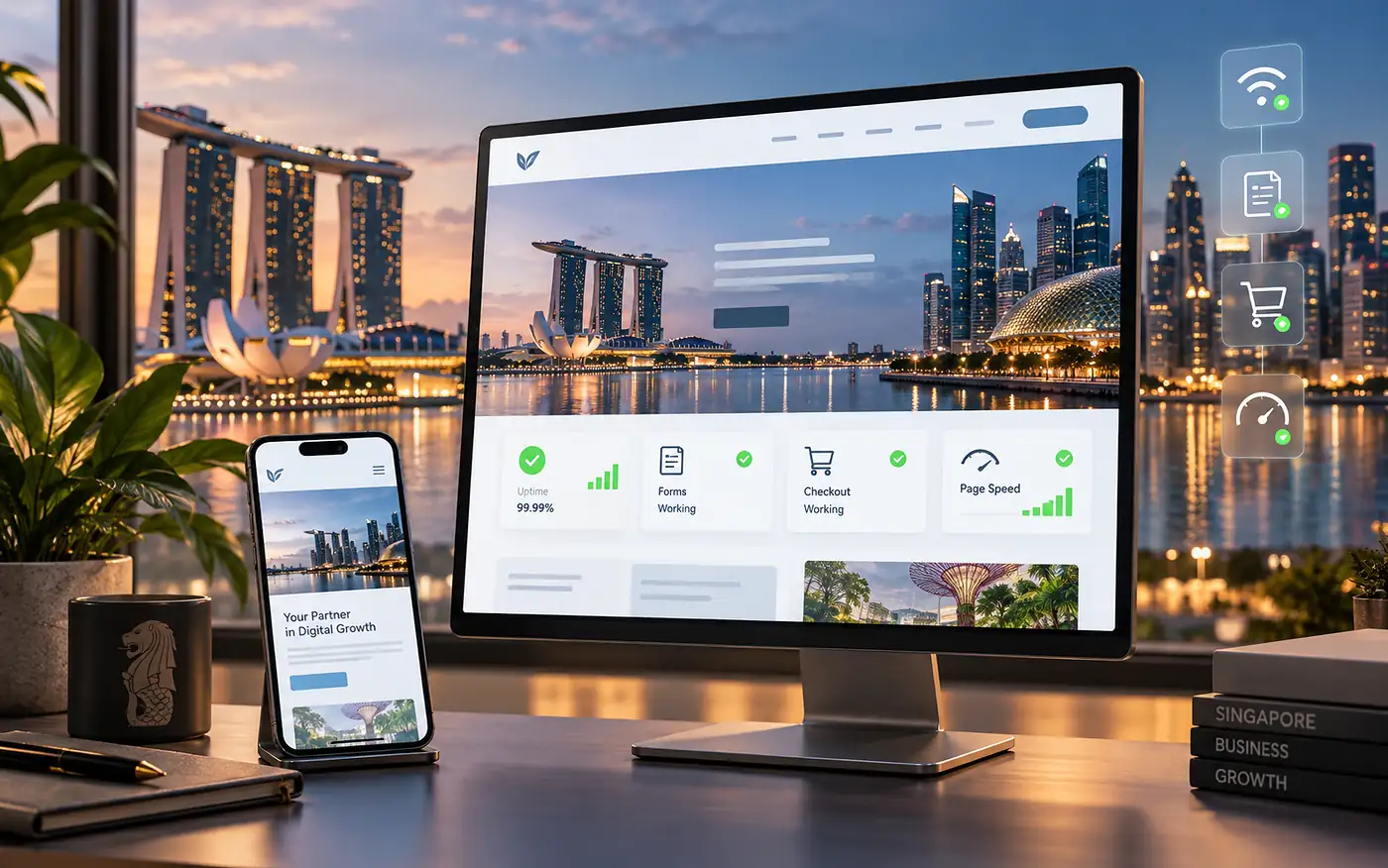 Singapore business website health dashboard showing uptime, forms, checkout and page speed status