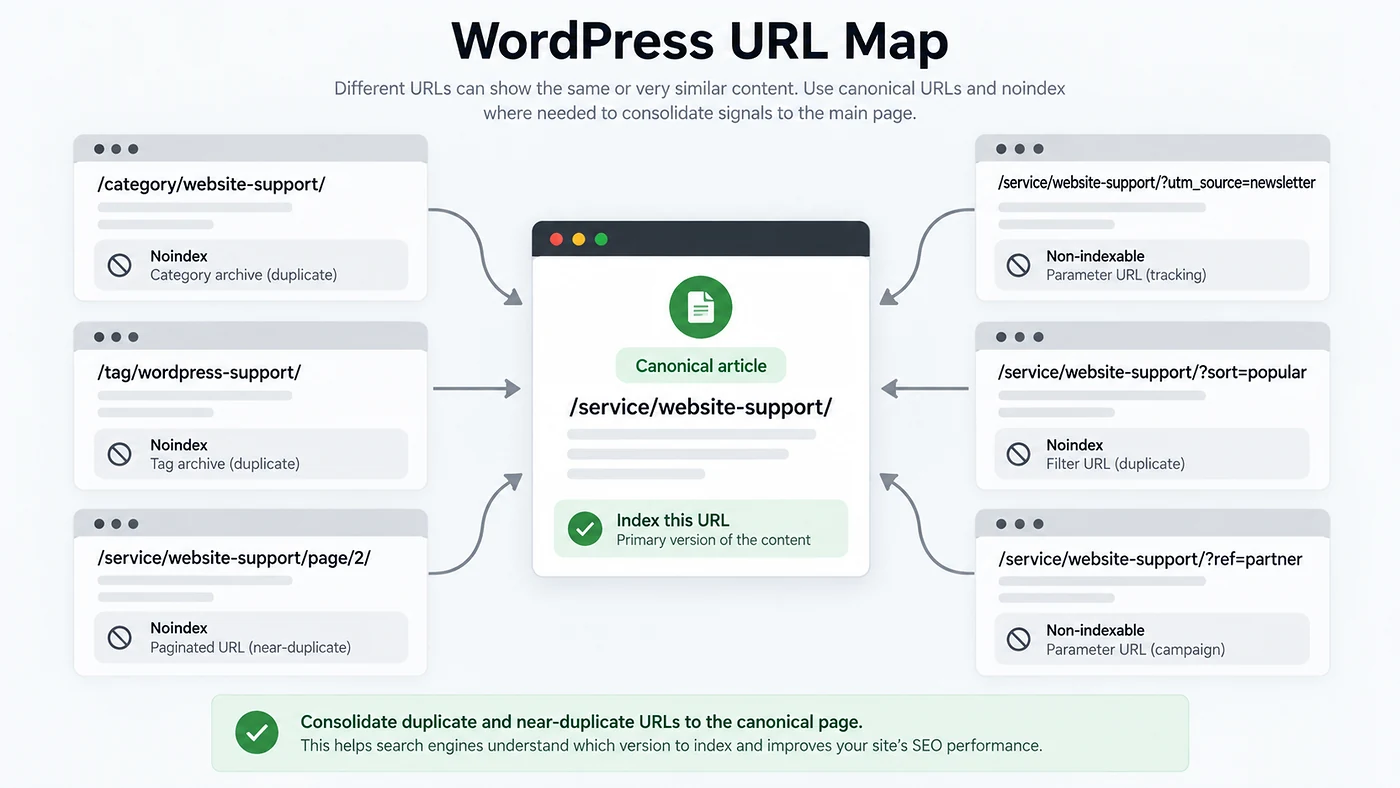 WordPress canonical URL map consolidating duplicate category, tag, pagination and parameter URLs