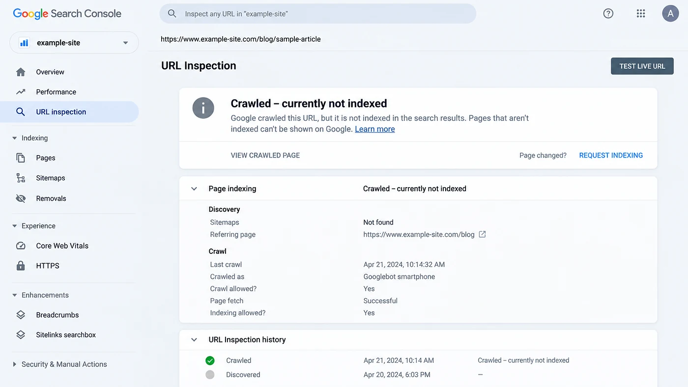 Google Search Console URL inspection showing Crawled currently not indexed for an anonymized WordPress page