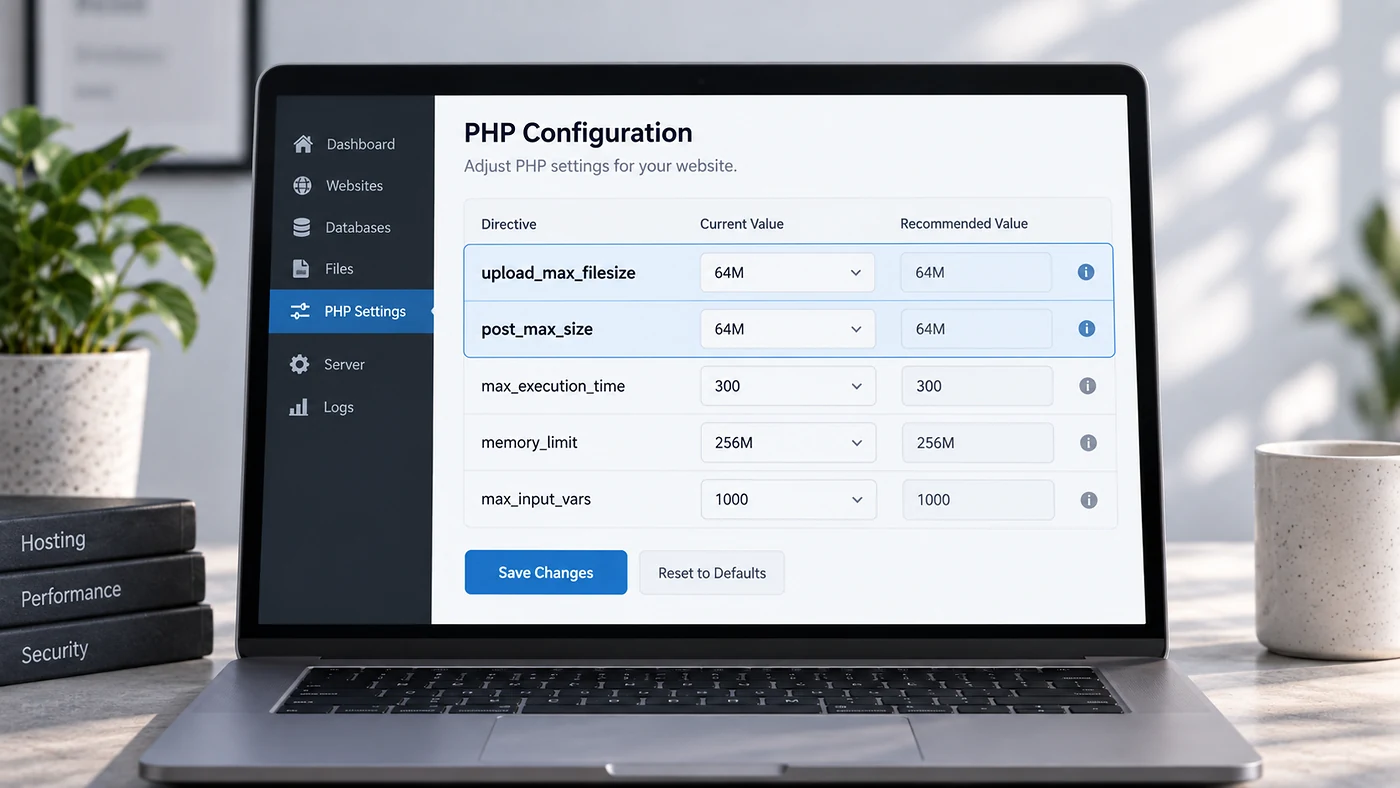 PHP upload settings showing upload_max_filesize and post_max_size for fixing WordPress expired link upload errors