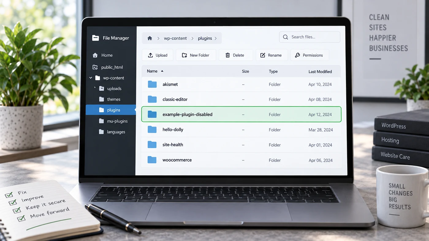WordPress plugin folder renamed to disabled in a hosting file manager to recover from a critical error