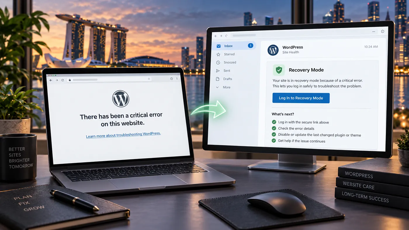 WordPress critical error screen and Recovery Mode workflow after a plugin update