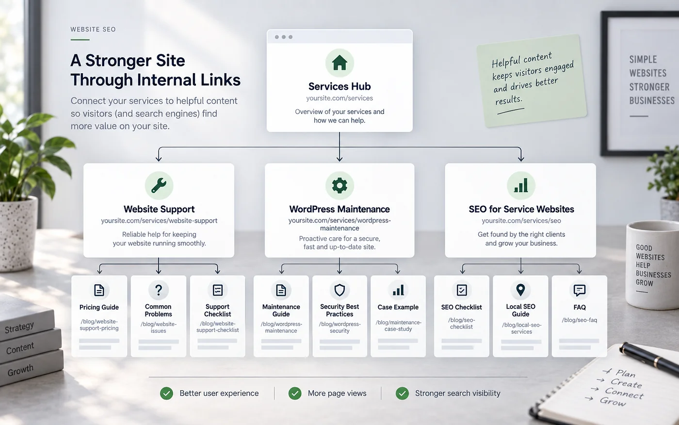 Internal linking site architecture for a service website connecting a services hub, service pages and supporting articles