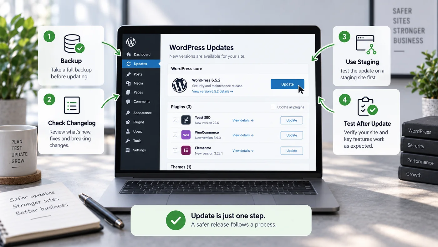 Safe WordPress plugin update process covering backup, changelog review, staging and post-update testing