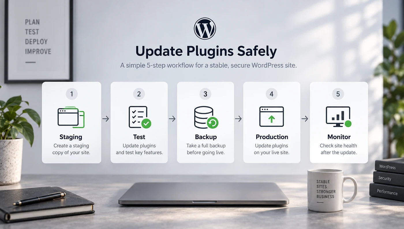 Safe WordPress plugin update workflow from staging and testing to backup, production and monitoring