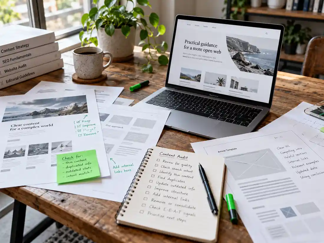 SEO content audit workspace reviewing website content quality after the September 2026 Google spam update