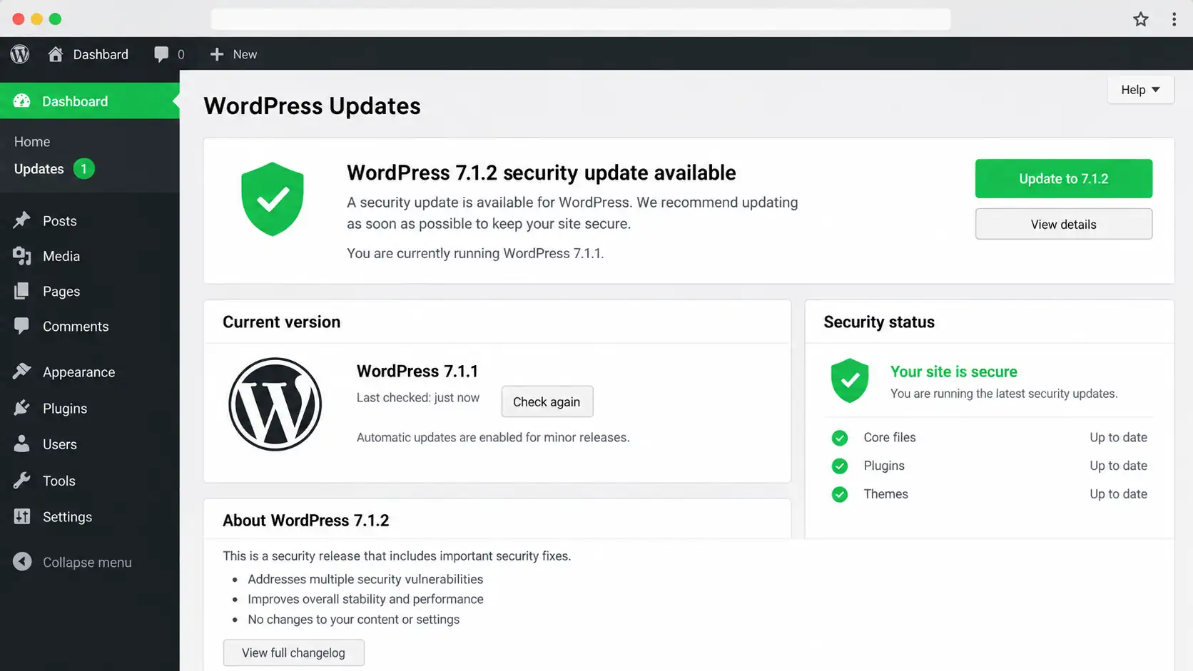 WordPress 7.1.2 security update shown in a clean dashboard interface