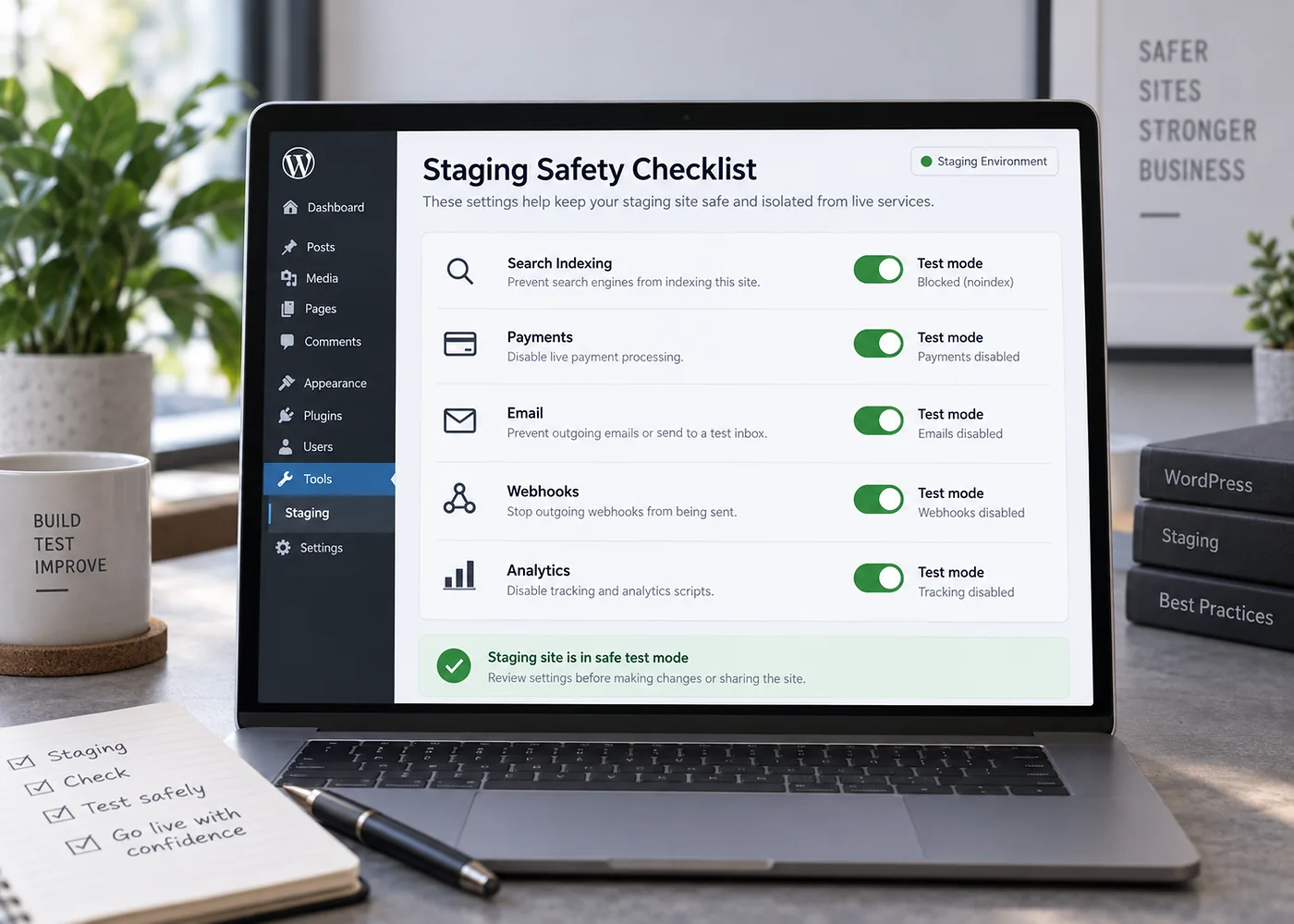 WordPress staging safety checklist for search indexing, payments, email, webhooks and analytics