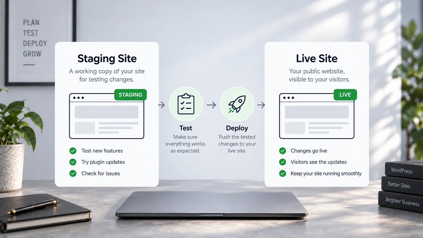 WordPress staging site and live site workflow for testing changes before deployment
