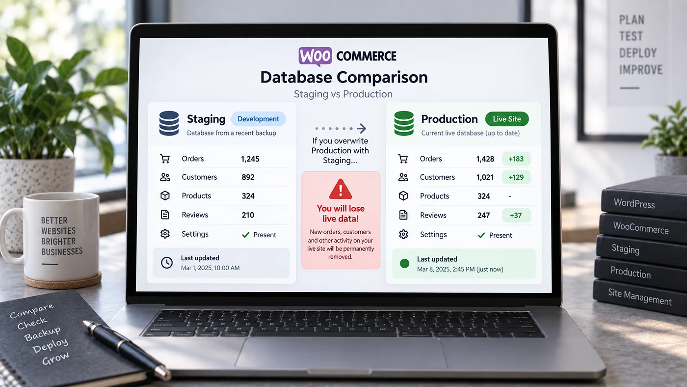 WooCommerce staging versus production database comparison warning about overwriting new live orders and customer data
