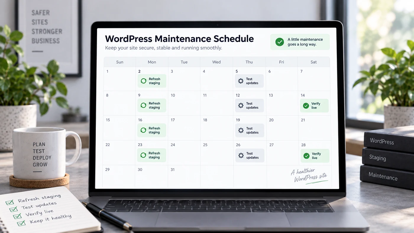 WordPress staging maintenance schedule for refreshing staging, testing updates and verifying the live site